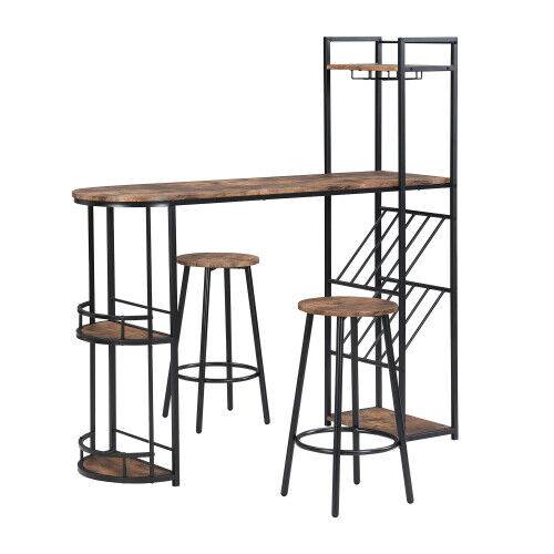 Industrial Bar Table Set with 2 Chairs Dining Set w/ Wine Rack Side Storage HT