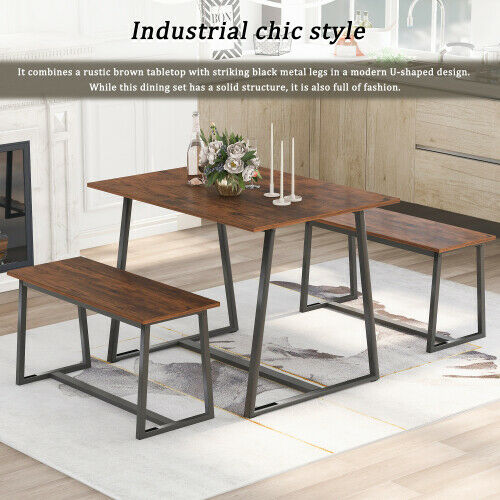 4-Seater Dining Table Set with 2 Benches Breakfast Kitchen Furniture Steel Frame