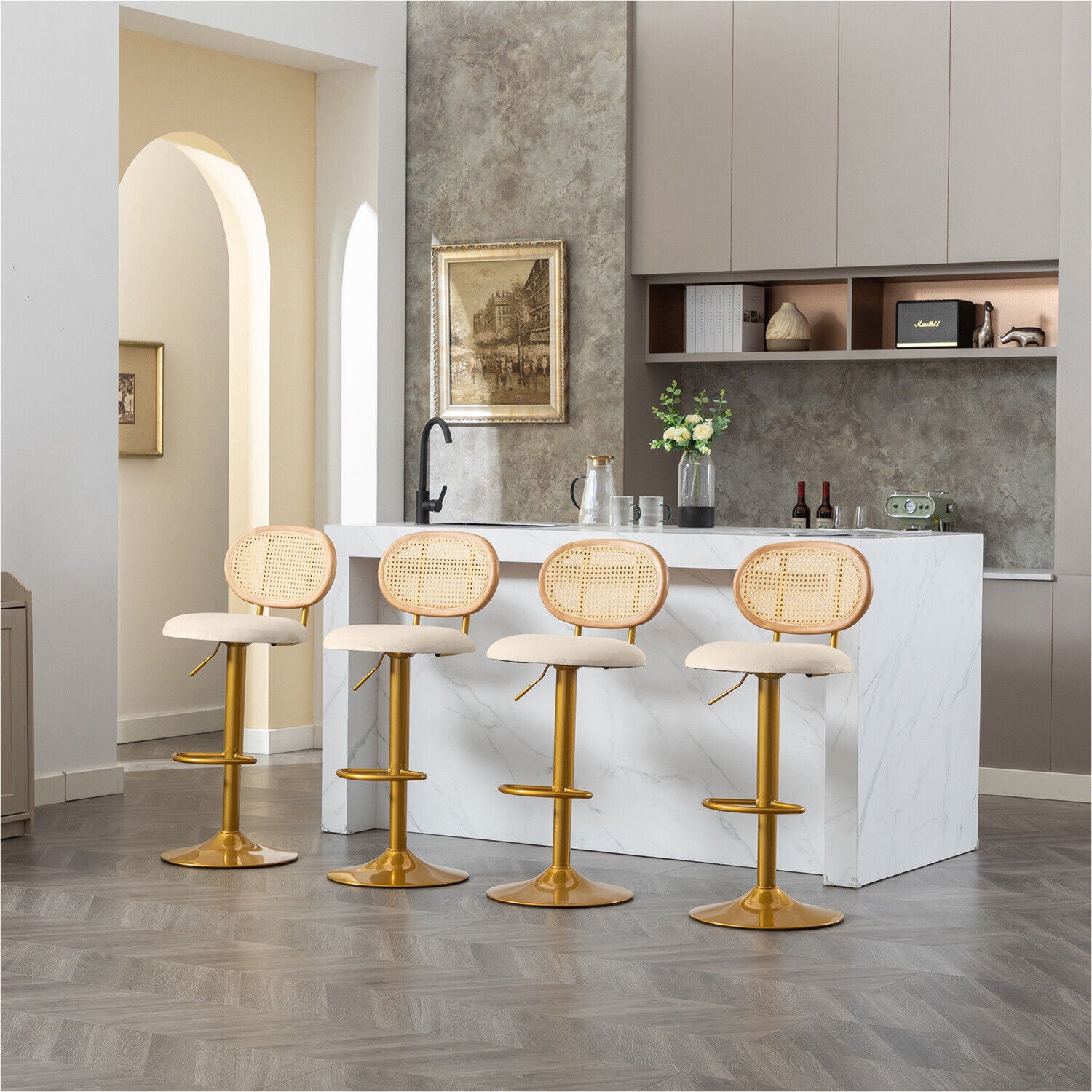 Bar Stools Set of 4 Swivel Bar Chairs Upholstered Velvet Gas Lift with Footrest