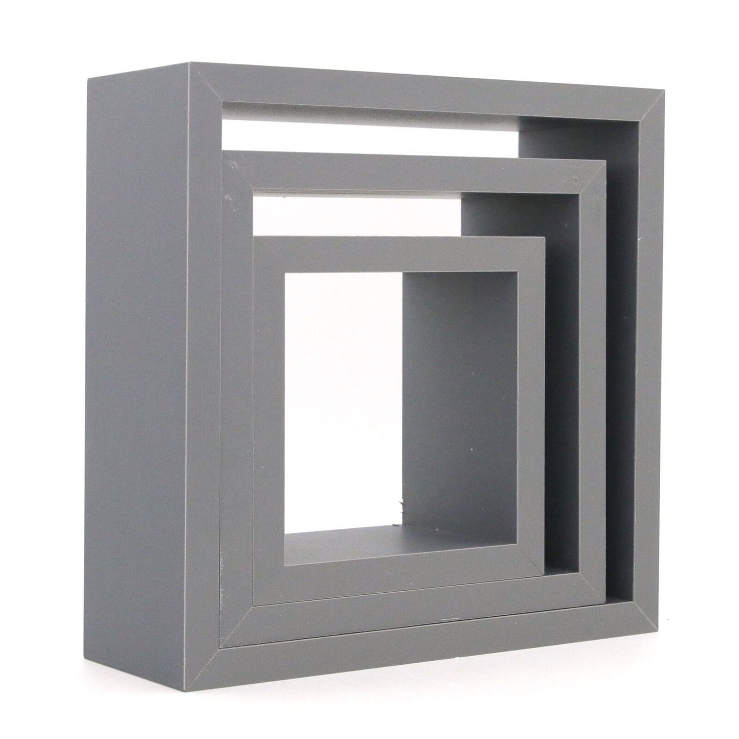Square Display Shelves Floating Wooden Wall Storage - 3 Sizes - Grey - Set of 3