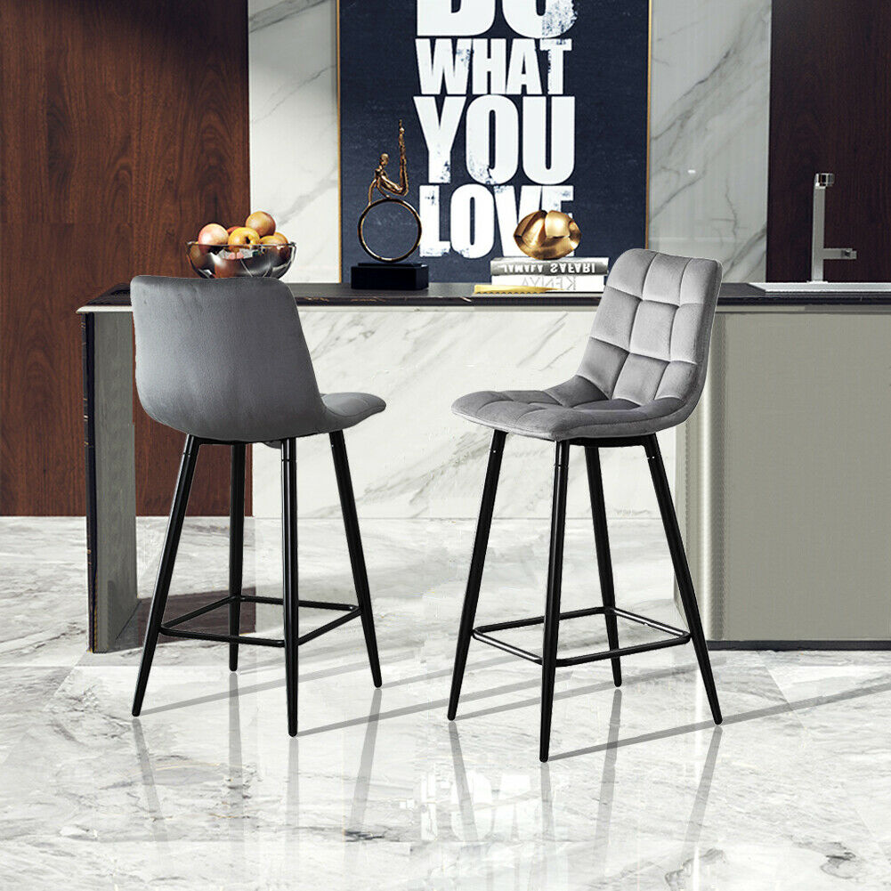 2× Velvet Breakfast Bar Stools Soft Padded Seat Kitchen Pub Modern Grey / Blue