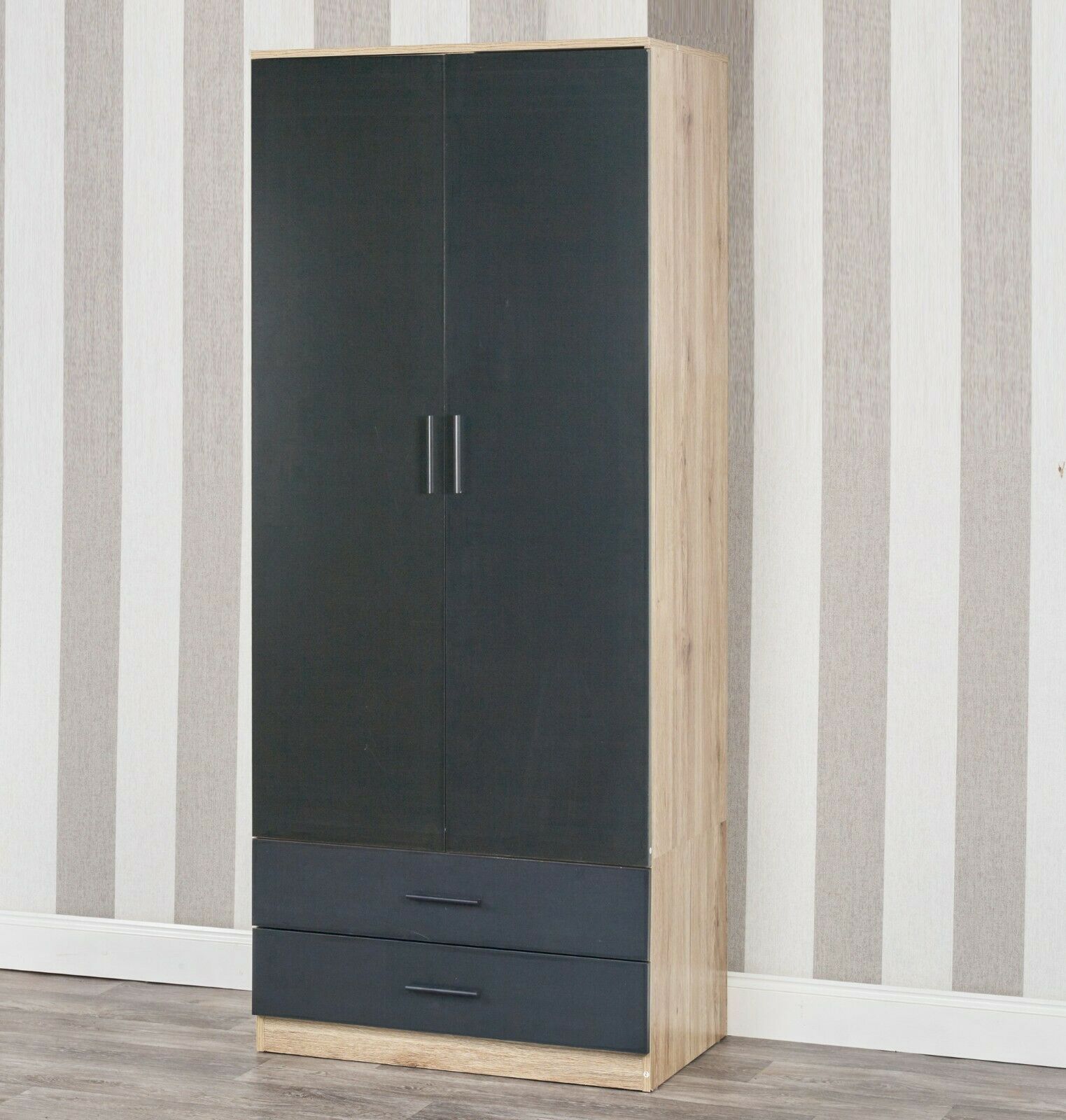 Tall Wooden 2 Door Wardrobe With 2 Drawers Bedroom Storage Hanging Bar Clothes