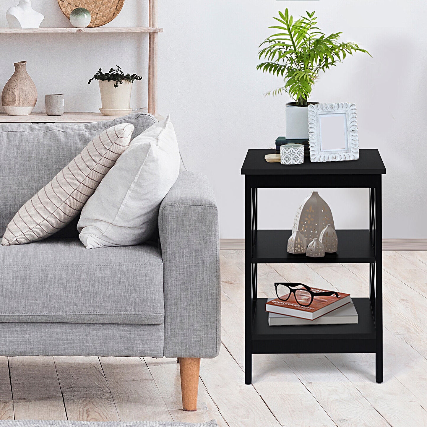3-tiers Bedside Table X-design Nightstand End Table Wooden Bedroom Storage Table