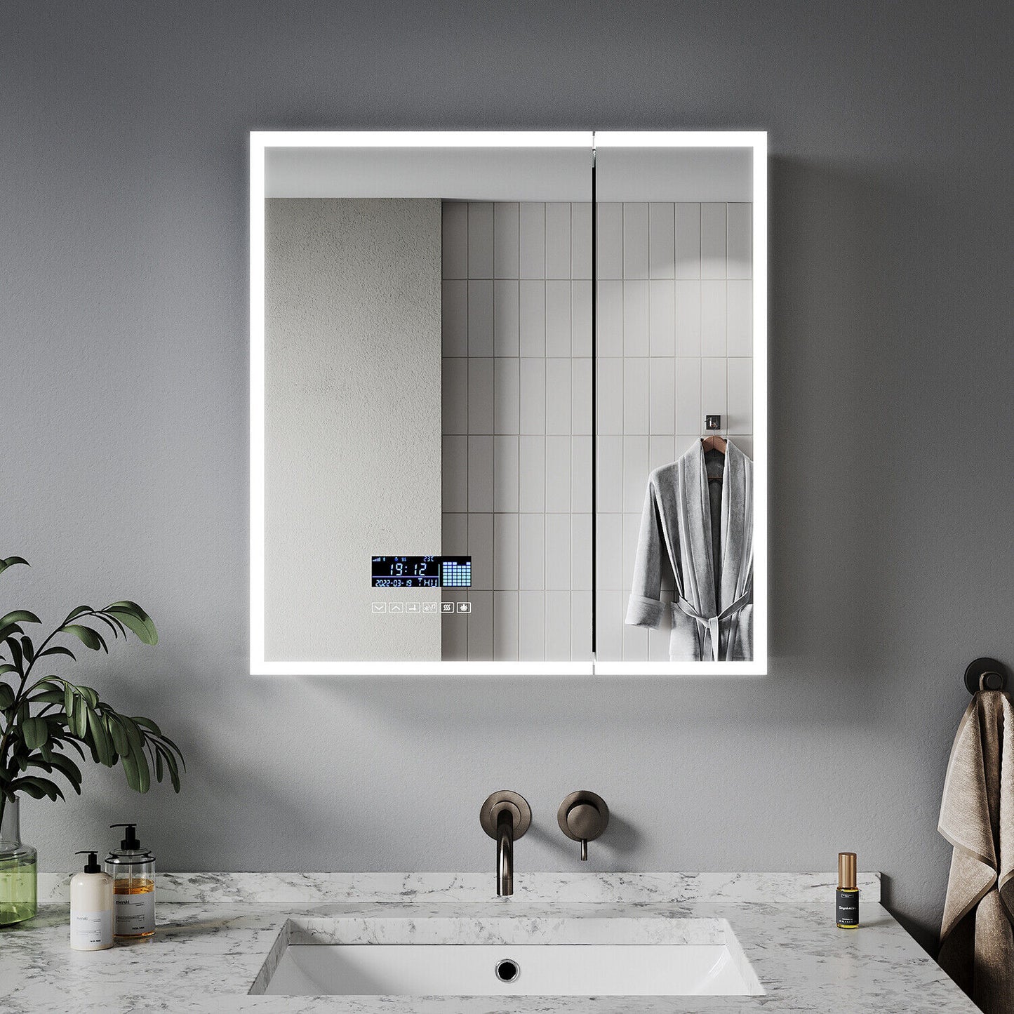 LED Bathroom Mirror Cabinet With Bluetooth Socket Demister 3 Color Light 600x630