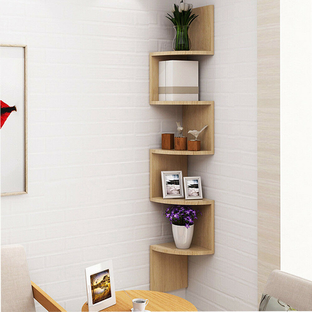 3/5 Tier Wood Floating Shelf Corner Wall Mounted Storage Display Shelf Bookcase