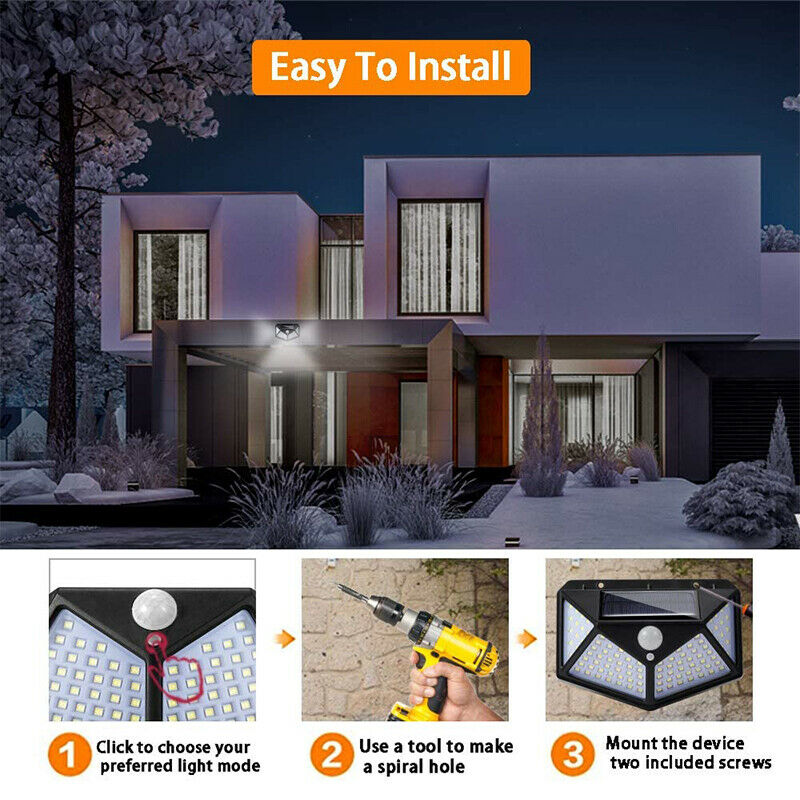 100 LED Solar Powered PIR Motion Sensor Wall Lights Outdoor Garden Security Lamp
