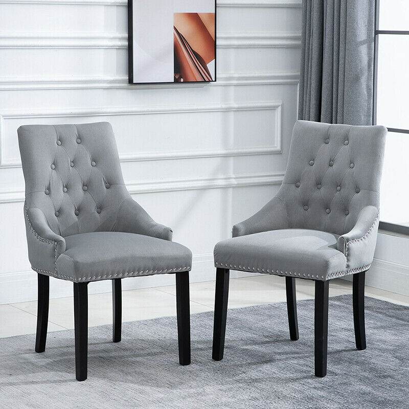 2x Velvet Dining Chairs with Rivets Knocker Home Dining Room Kitchen Silver Grey