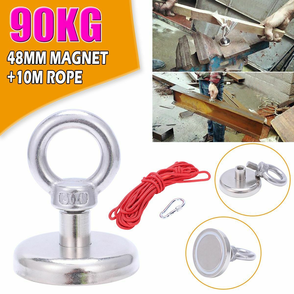 90kg-500kg Double Sided Large Powerful Neodymium Magnet Fishing & 10m Rope Set
