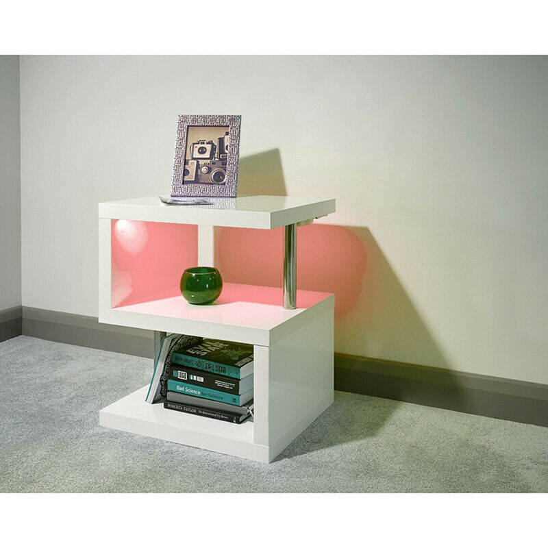 White High Gloss Coffee Table RGB LED Lights Wooden S-Shape Side Table Furniture