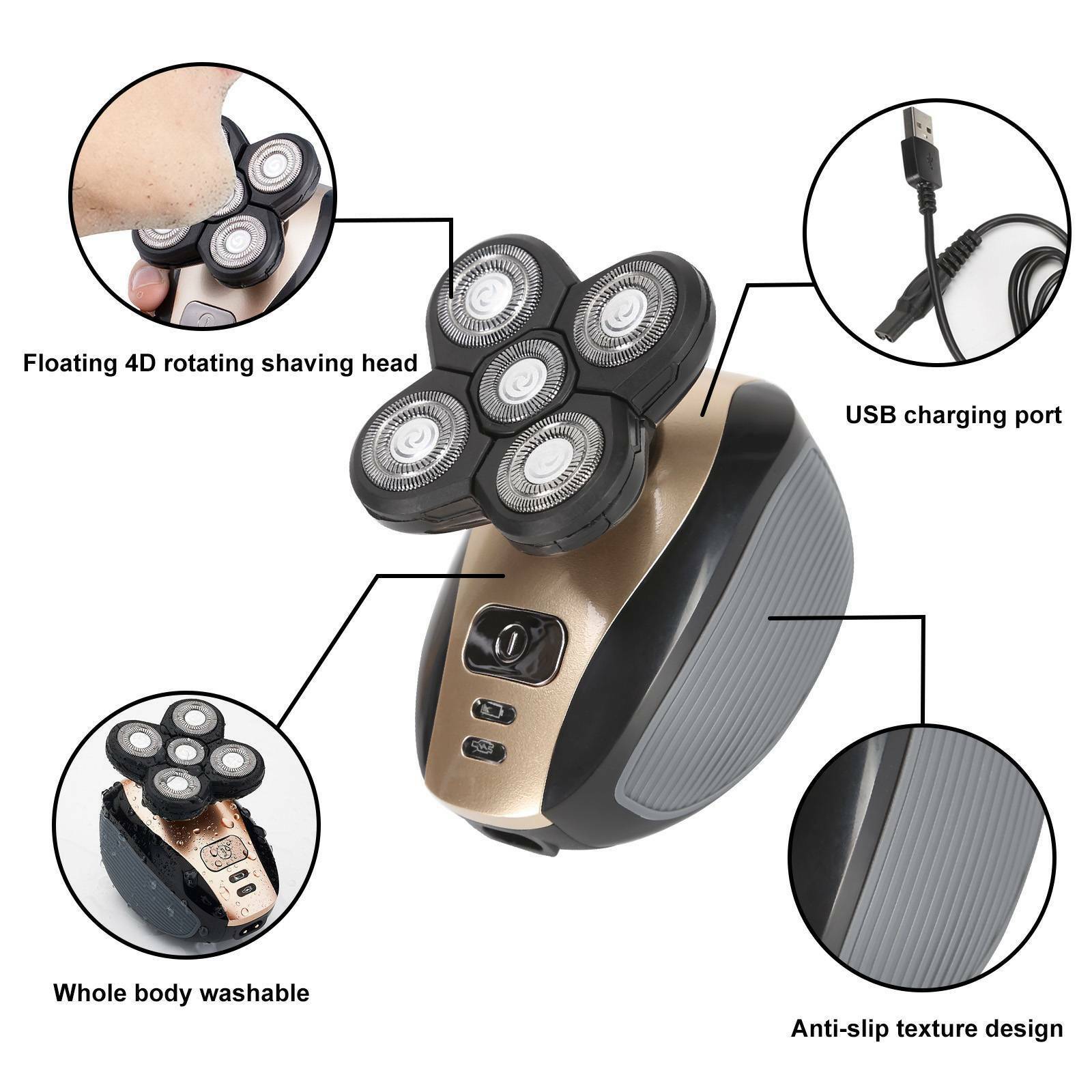 Men Electric Shaver Rechargeable Bald Head Razor 5 In 1 4D Rotary Beard Trimmer