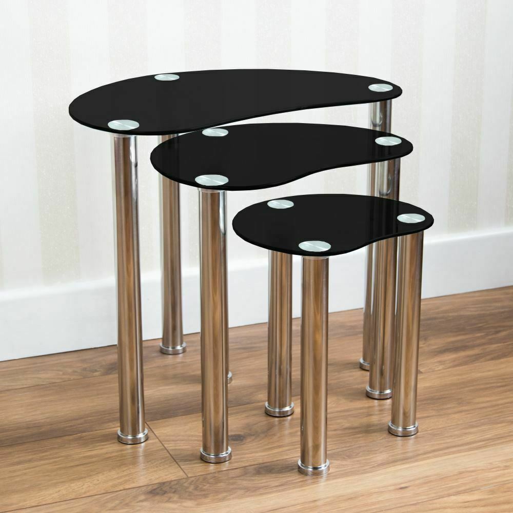 Nest Of Tables  Cara Luna Neptune 3 Set Unit Glass Stainless Steel Side End