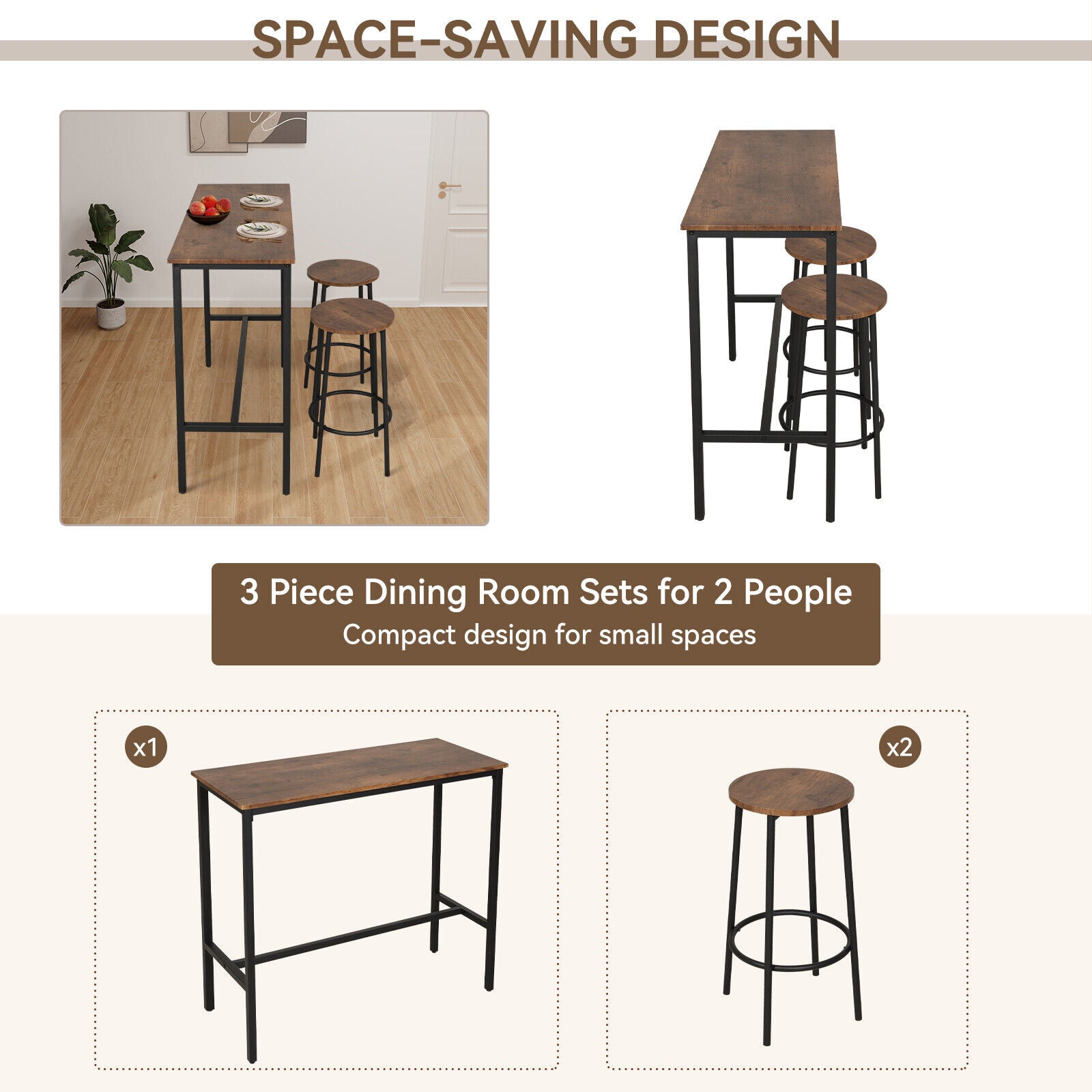 Bar Table and Stools Dining Set Industrial Metal Frame Kitchen Dining Table Set