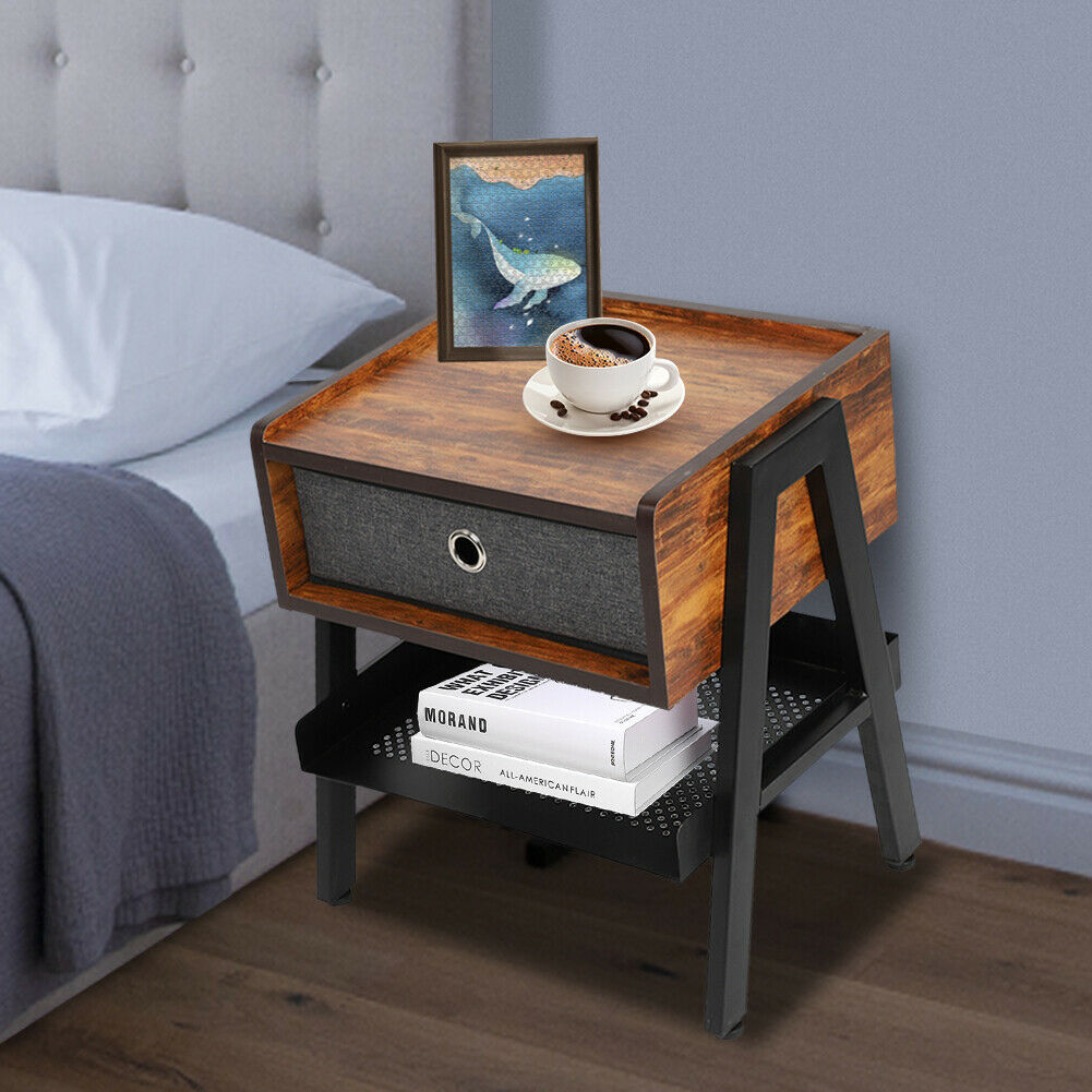 Retro Bedside Table Nightstand Sofa Side Desk Cabinet Storage with Fabric Drawer