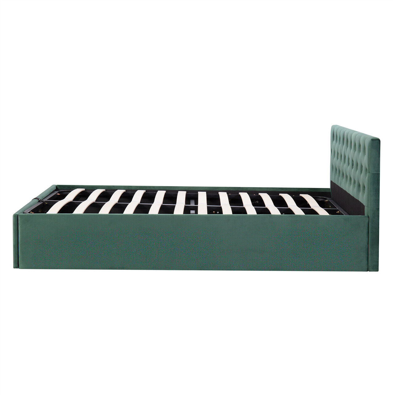 Velvet Upholstered Bed Frame 4ft6 Double Size Storage Bed With Headboard Green