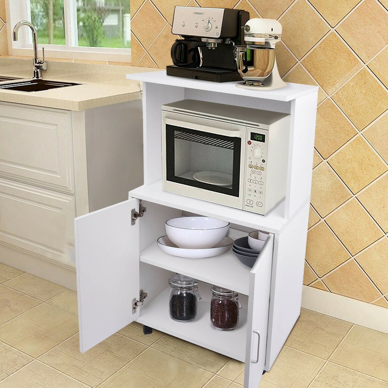Rolling Kitchen Trolley Microwave Cart 2-Door Cabinet Shelves Gray White UK