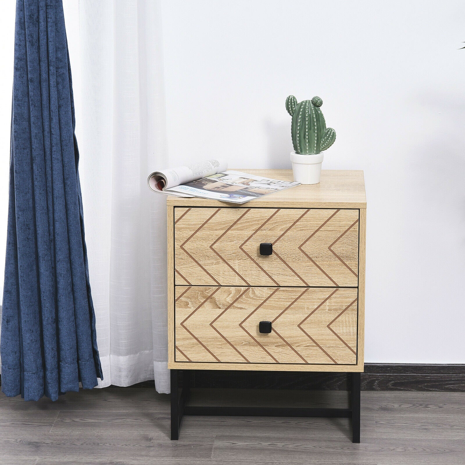 Bedside Table Unit Unique Zig Zag Design w/ Black Metal Handles Melamine