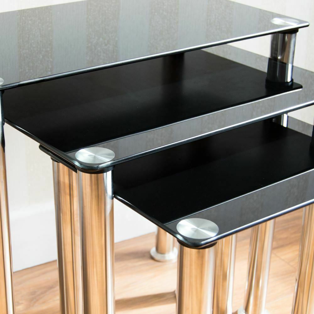 Nest Of Tables  Cara Luna Neptune 3 Set Unit Glass Stainless Steel Side End