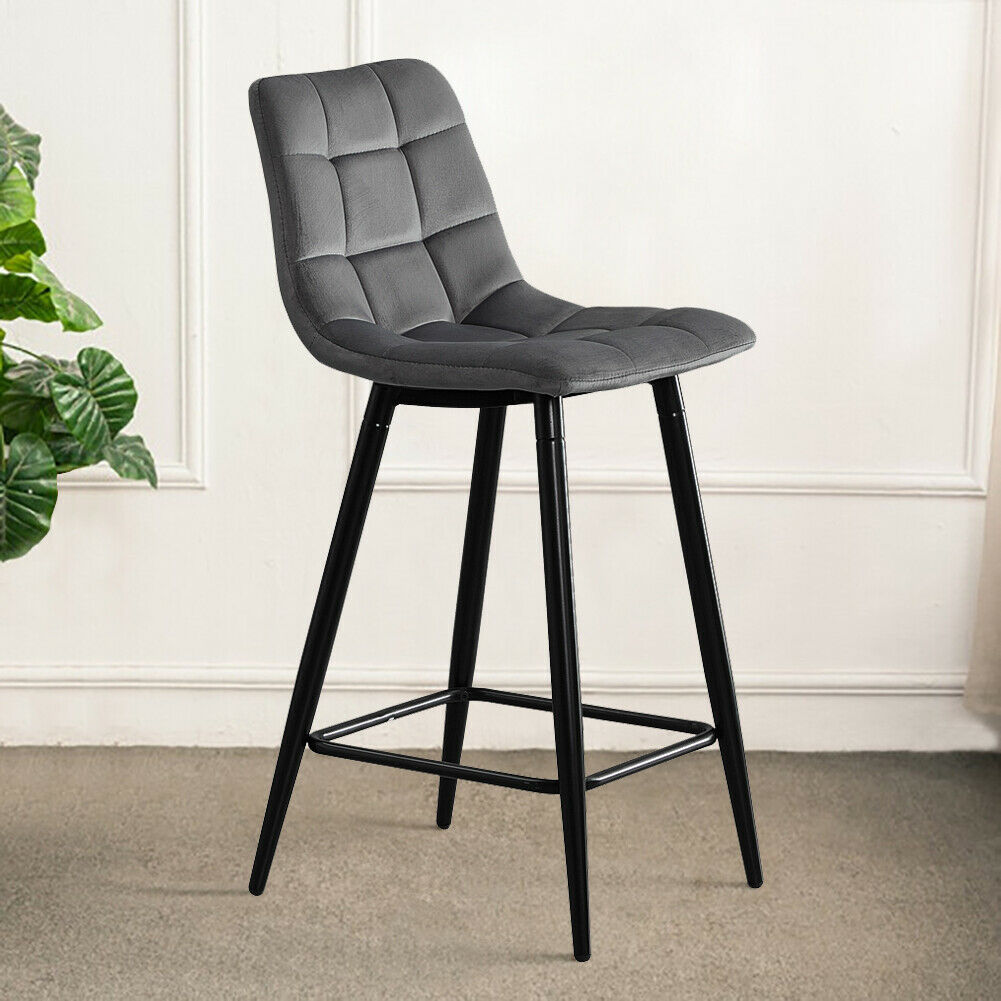 2X Grey Velvet Bar Stools Breakfast Pub Chair With Footrest Modern Home Kitchen