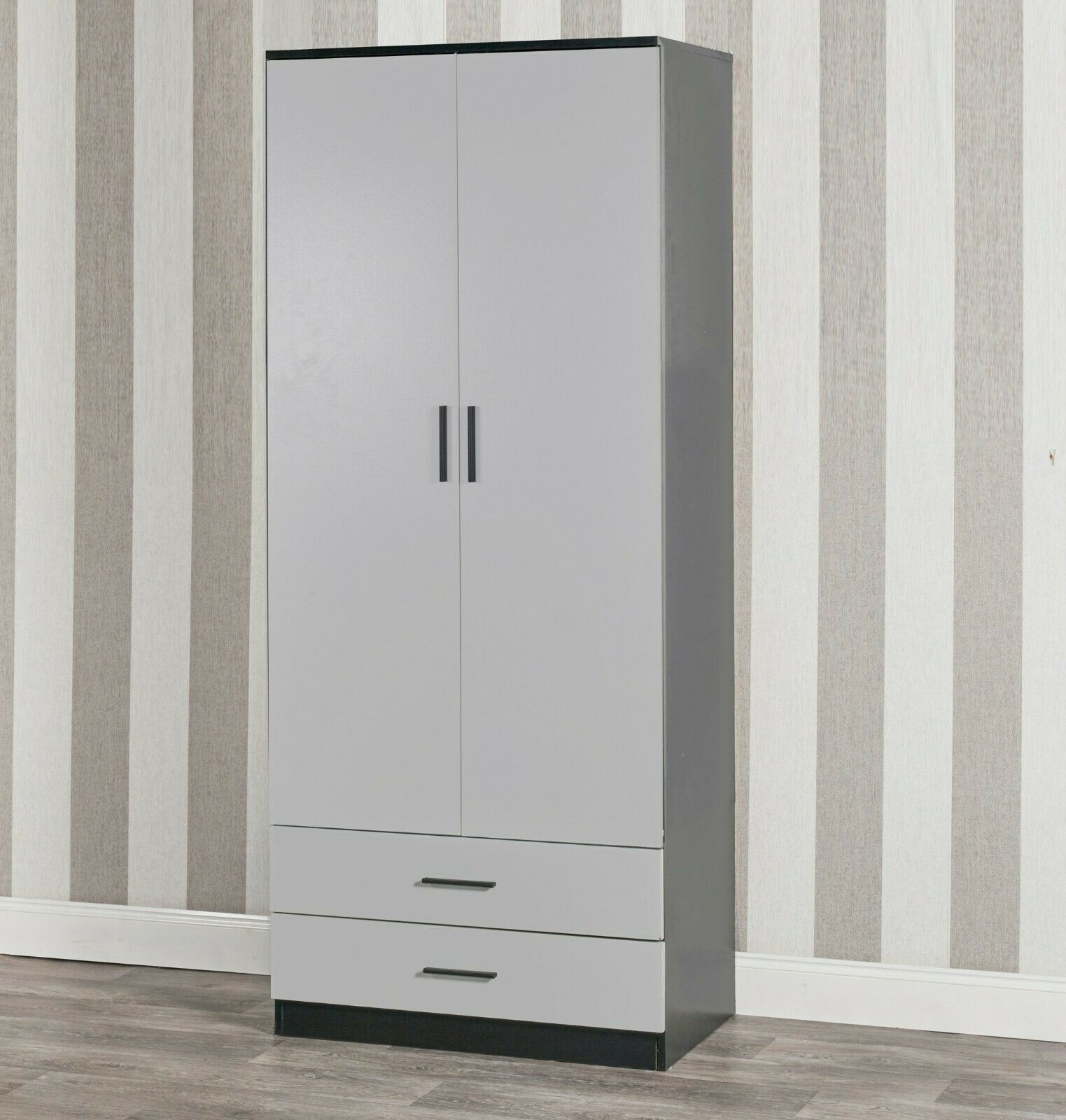 Tall Wooden 2 Door Wardrobe With 2 Drawers Bedroom Storage Hanging Bar Clothes