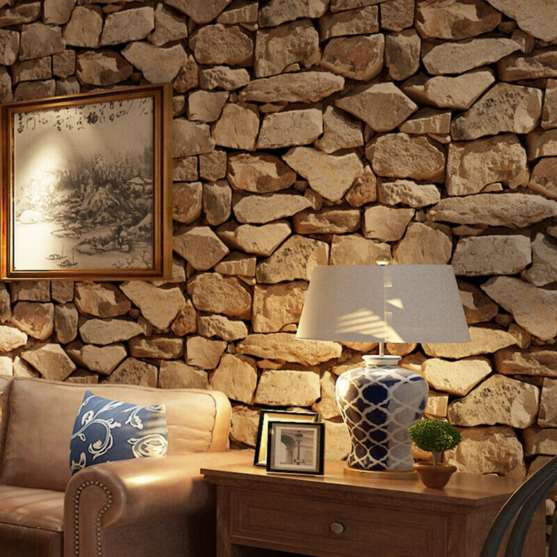 Stone Wall Wallpaper Roll 3D Effect Vinyl Wallcovering For Living Room Decor