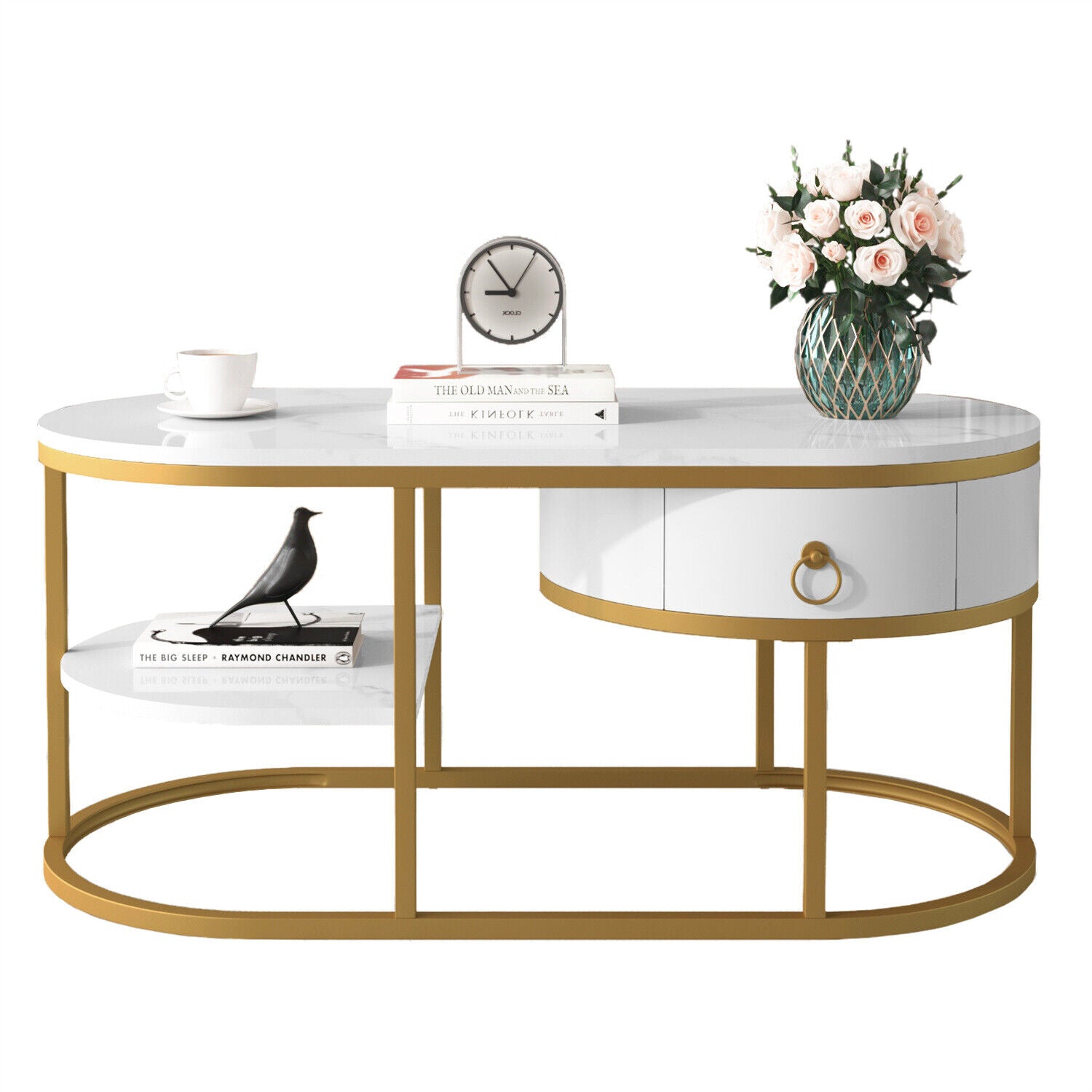 2-Tier Coffee Table Marble Effects Cocktail Table Accent Table with Drawer HT