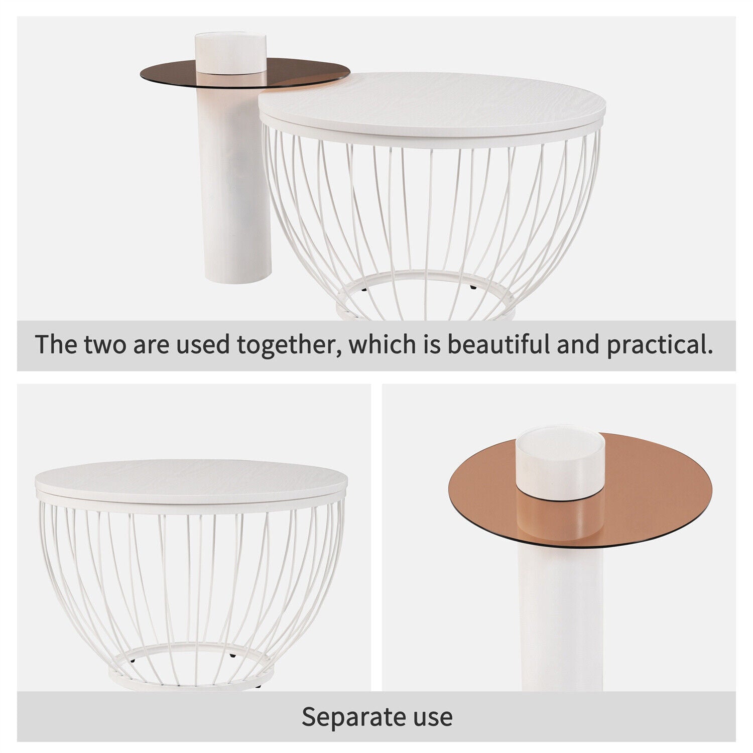 Modern Round Coffee Table Set of 2 Nesting Table Metal Frame Marble Effect HT