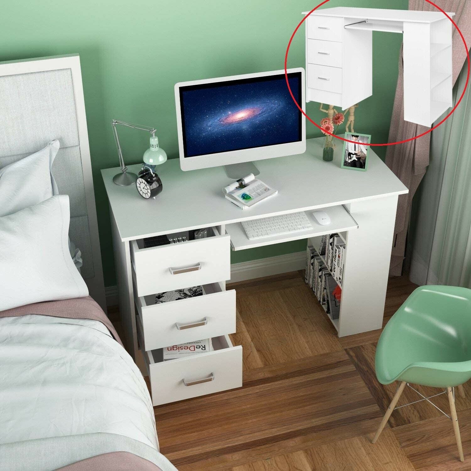 Computer Desk 3 Drawers & Shelves White Corner PC Workstation Office Table