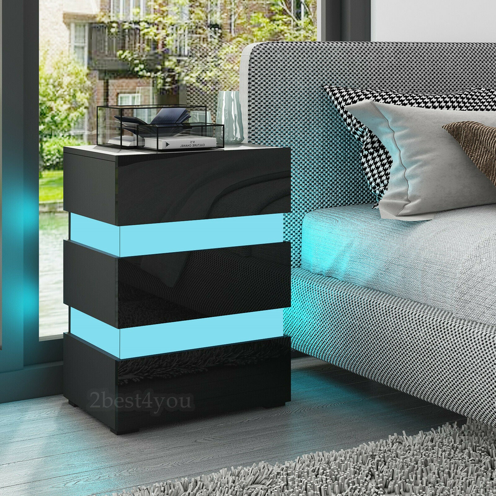 Modern LED Light High Gloss 2 or 3 Drawers Bedside Table Cabinet Nightstand Unit