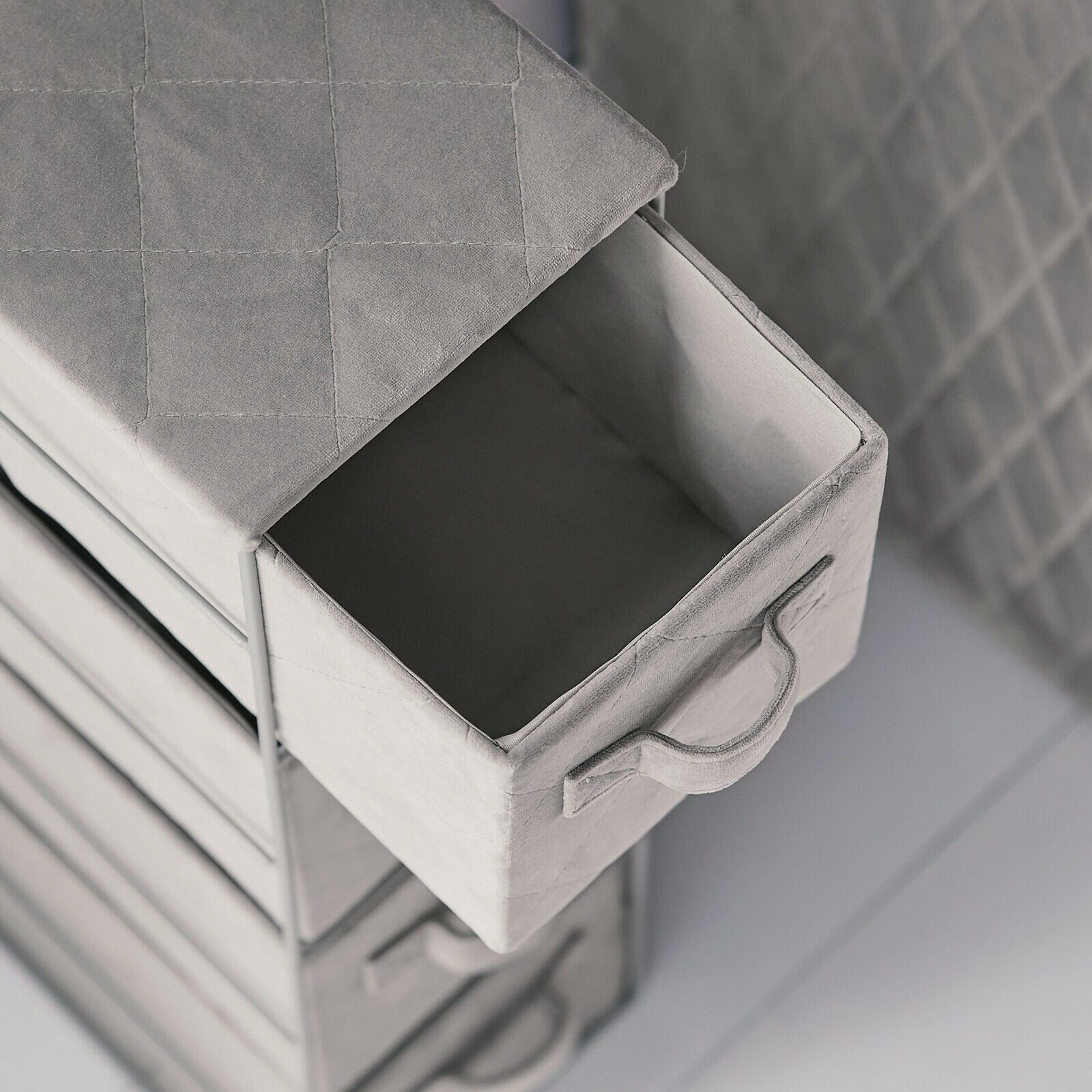 4 Tier Grey Storage Cabinet Drawers With Quilted Velvet Baskets Boxes