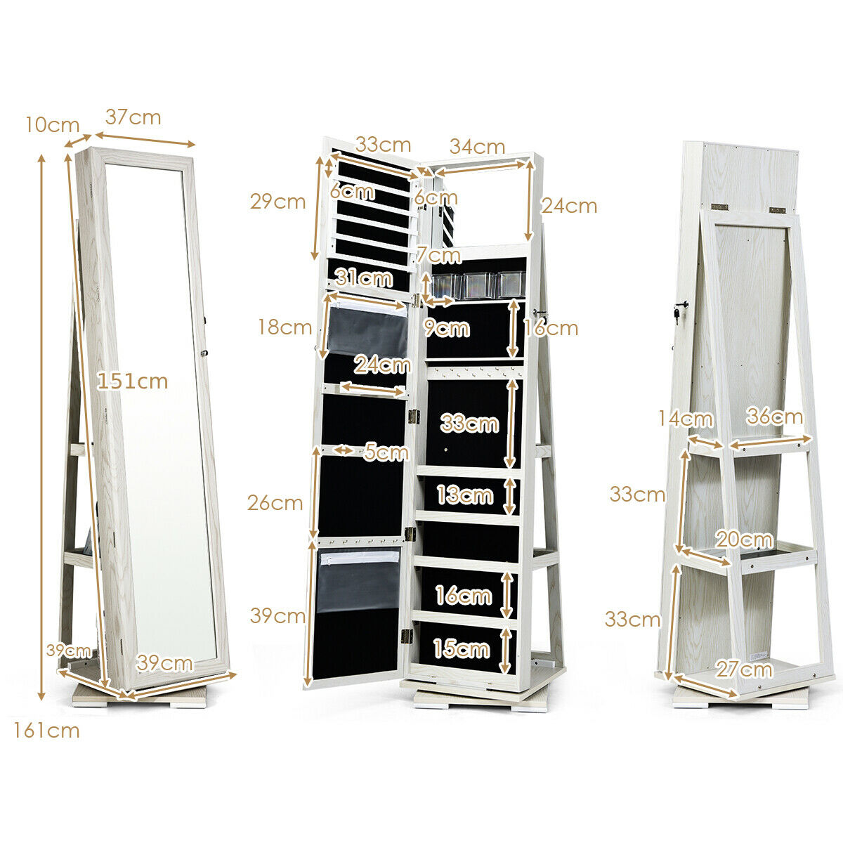 3-in-1 360° Rotating Mirrored Jewelry Cabinet Free Standing Jewelry Armoire