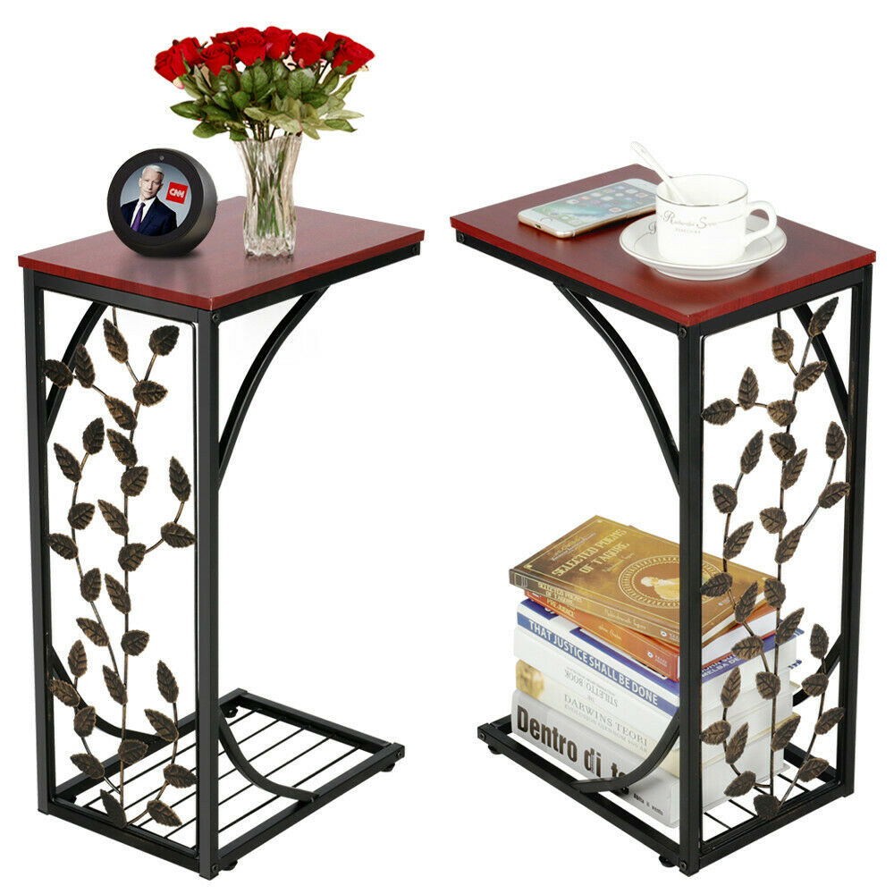UK 2pcs C Shaped Sofa Side Table End Table Coffee Table Living Room Leaf Pattern