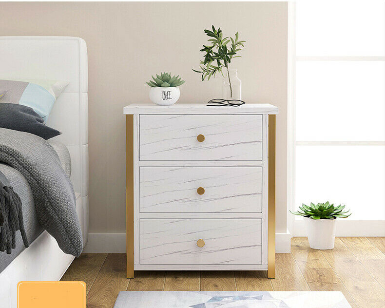 3 Drawers Bedside Table Nightstand Cabinet Bedroom Storage Home White Marble UK