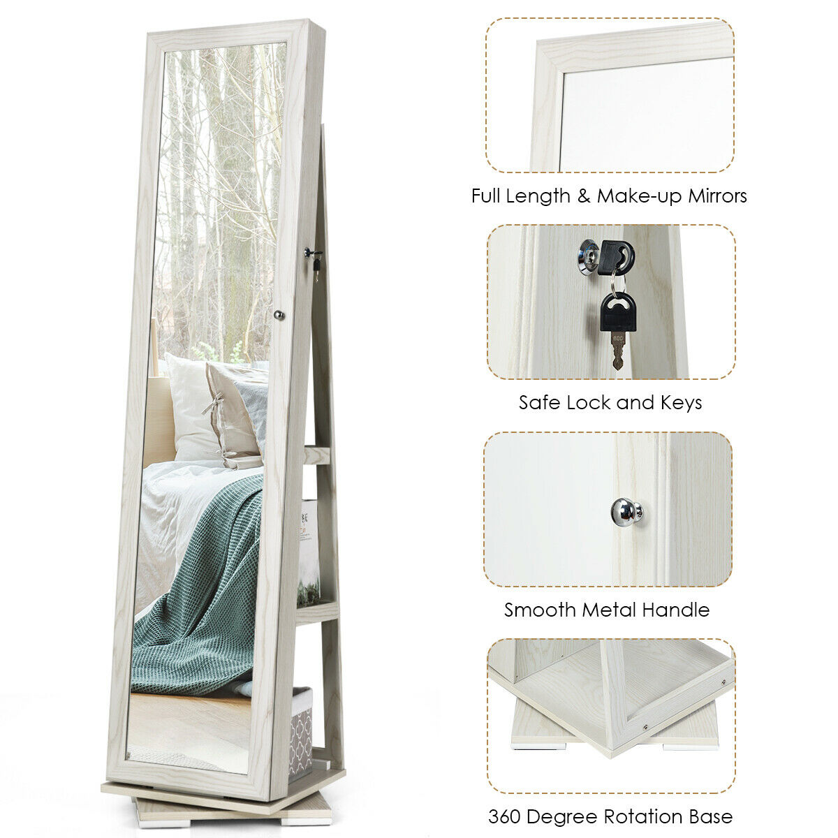 3-in-1 360° Rotating Mirrored Jewelry Cabinet Free Standing Jewelry Armoire