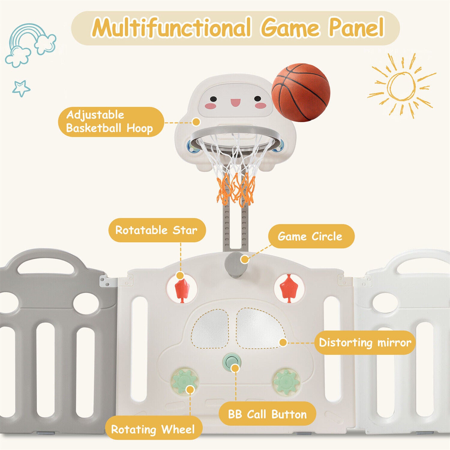 14 Panels Foldable Baby Playpen with Activity Panel & Basketball Hoop Grey HT