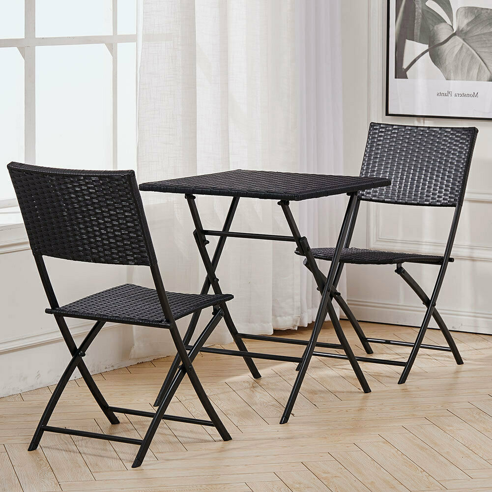 3 pcs Chair Table Set Foldable PE+Metal Cushioned Chair Outdoor Yard Garden uk