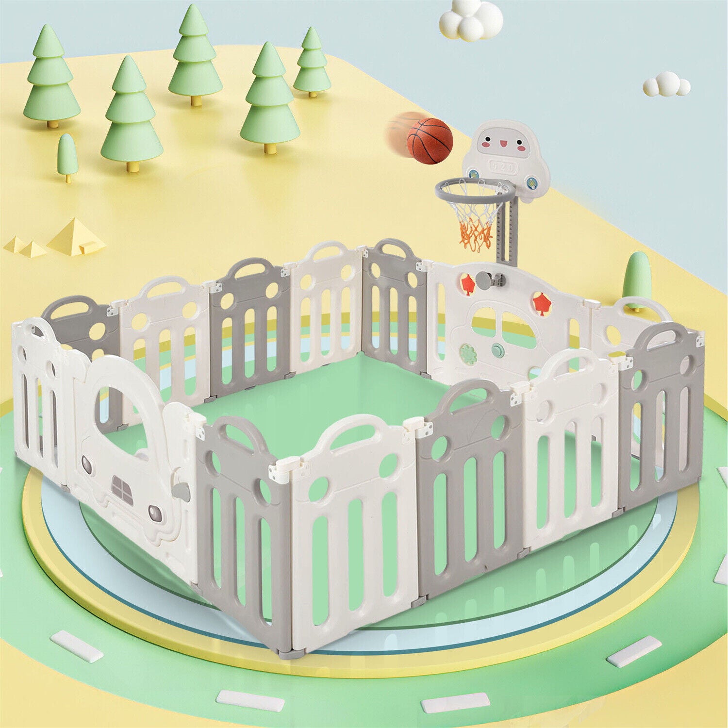 14 Panels Foldable Baby Playpen with Activity Panel & Basketball Hoop Grey HT