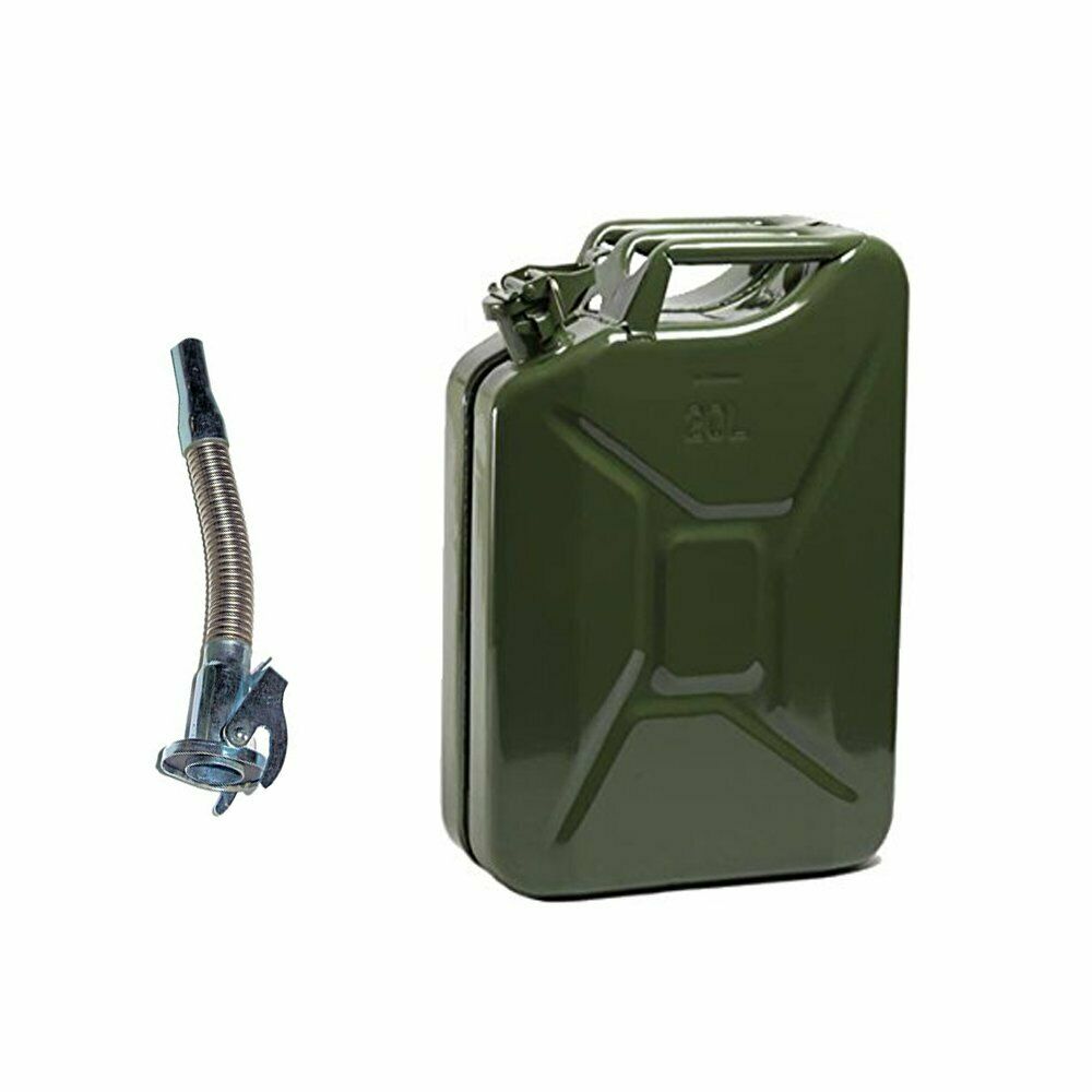 METAL FUEL JERRY CAN DIESEL PETROL OIL 20 LITRE GREEN MILITARY + Flexy Spout