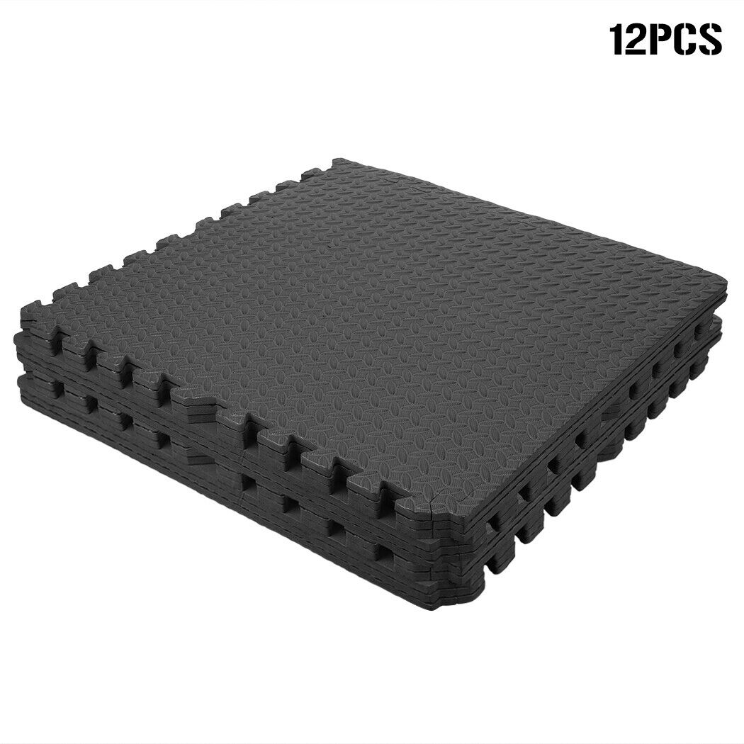 12 Mats / 48 Square Feet Extra Thich Gym Flooring Interlocking Floor Mats Black
