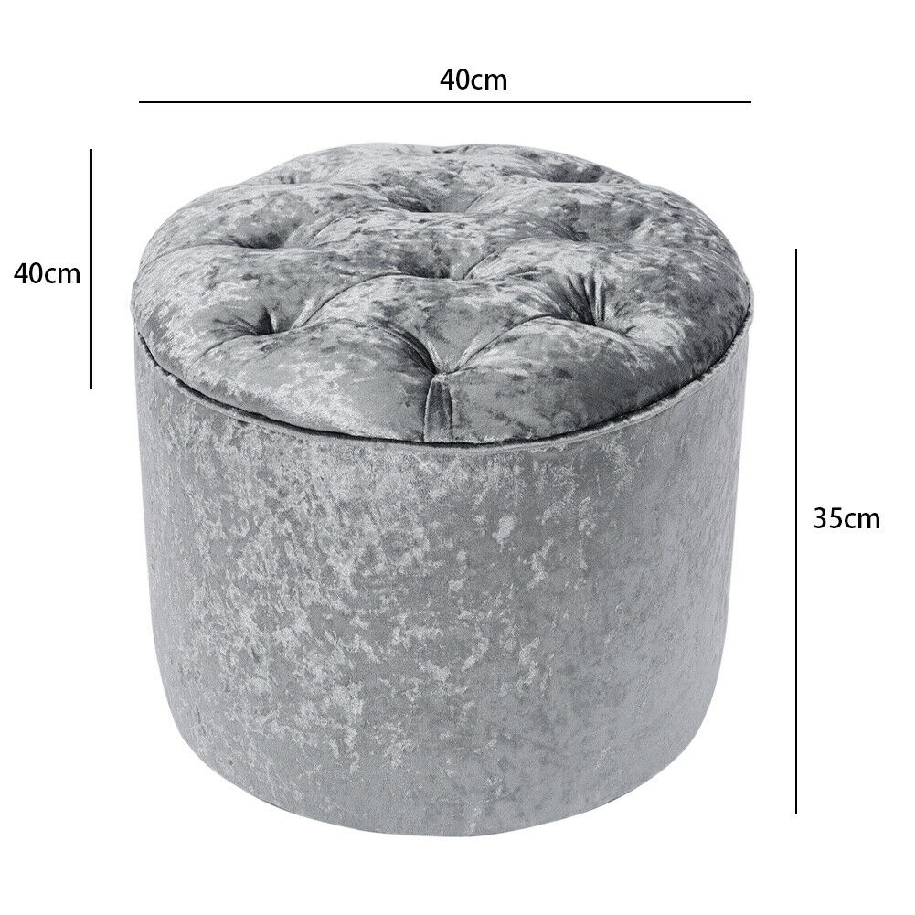 Silver Grey Crushed Velvet Pouffe Stool Diamante Round Ottoman Footrest Seat