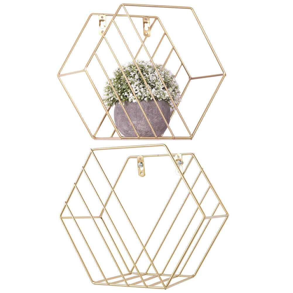 2x Hexagon Metal Wire Wall Shelf Home Decor Magazine Storage Floating Shelf Gold