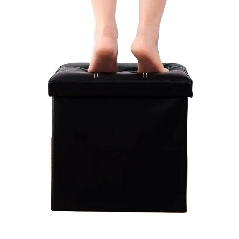 LARGE FAUX LEATHER FOLDING OTTOMAN POUFFE FOOT STOOL STORAGE BOX BLACK SINGLE