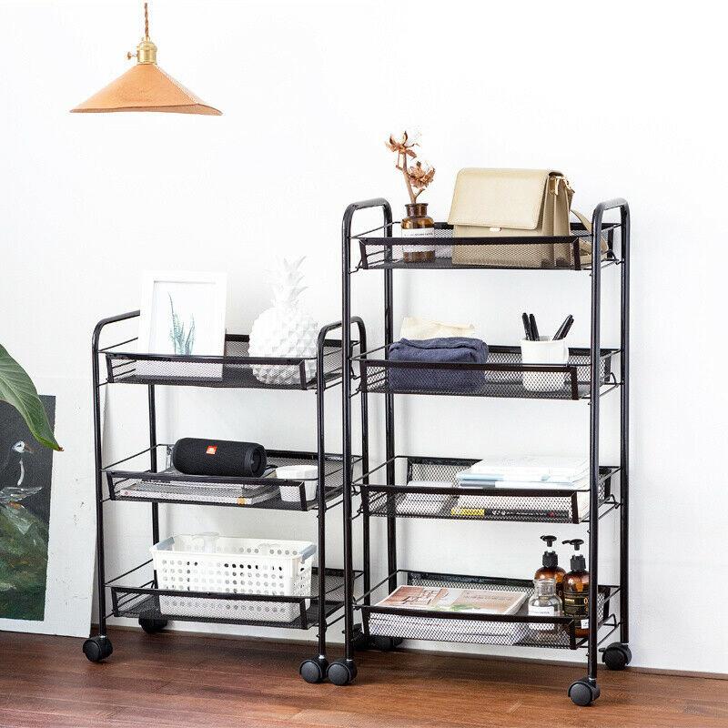 3/4 Tier Rolling Cart Kitchen Bathroom Storage Trolley Rack Metal Mesh Shelf