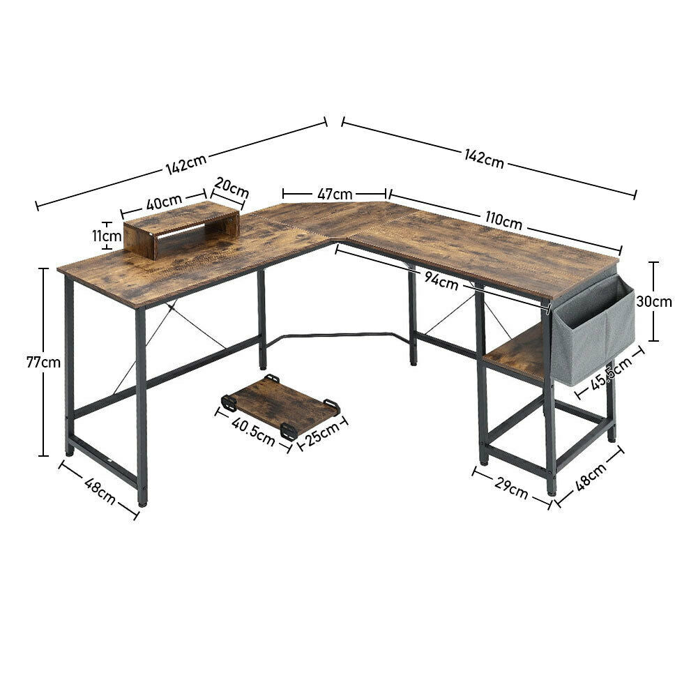 L Shaped Computer Corner Desk Table with Monitor Stand/Shelf/Si