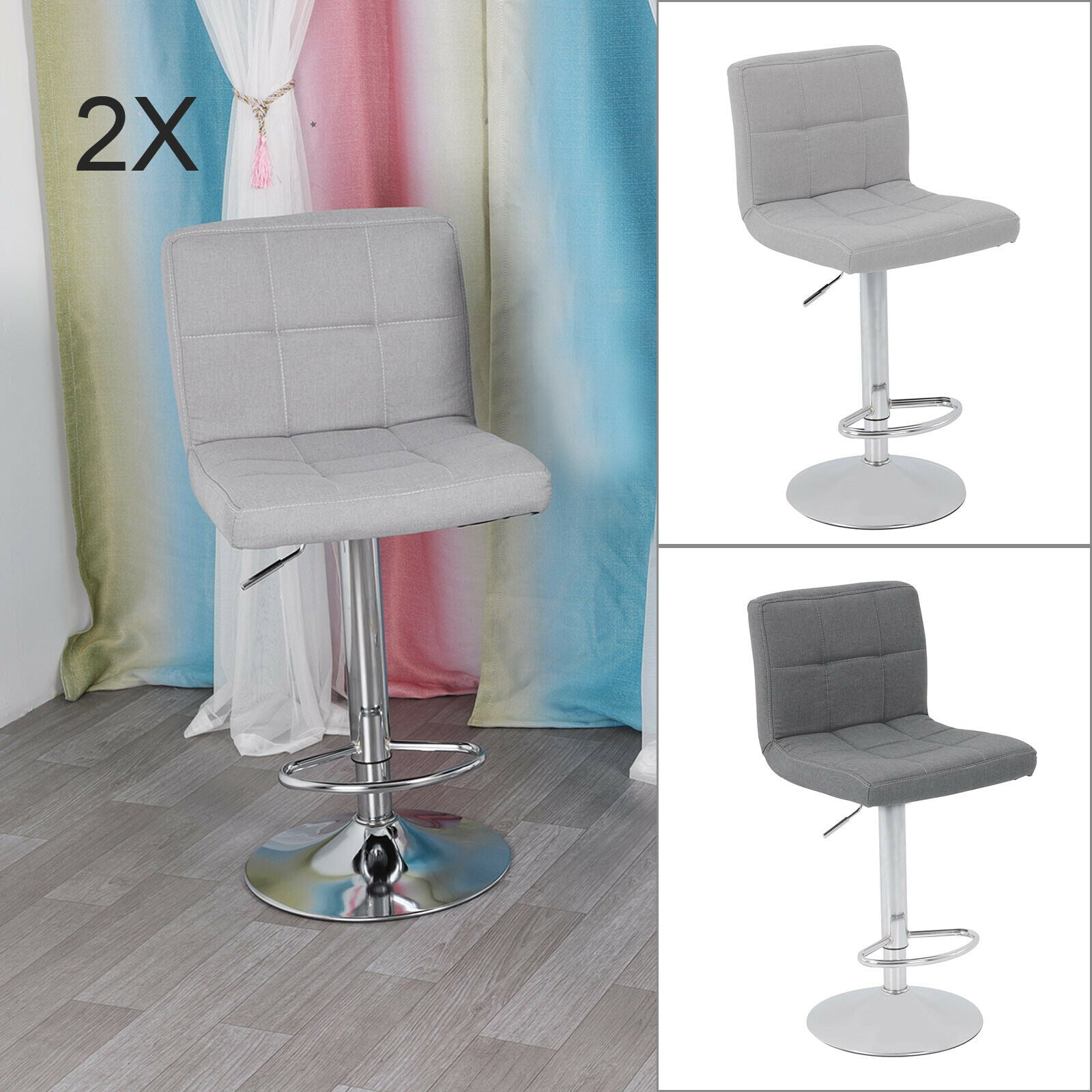 2X Bar Stools Adjustable Breakfast Kitchen Stools Fabric Swivel Chrome Gas Lift