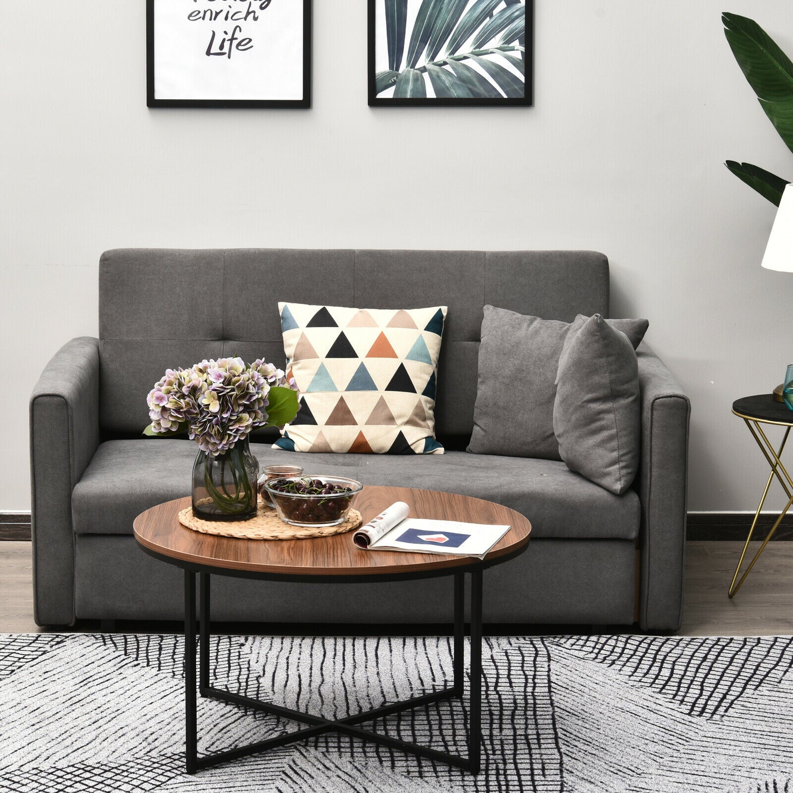 Modern Coffee Table Metal Frame Solid Tabletop Unique Cross Base - Brown