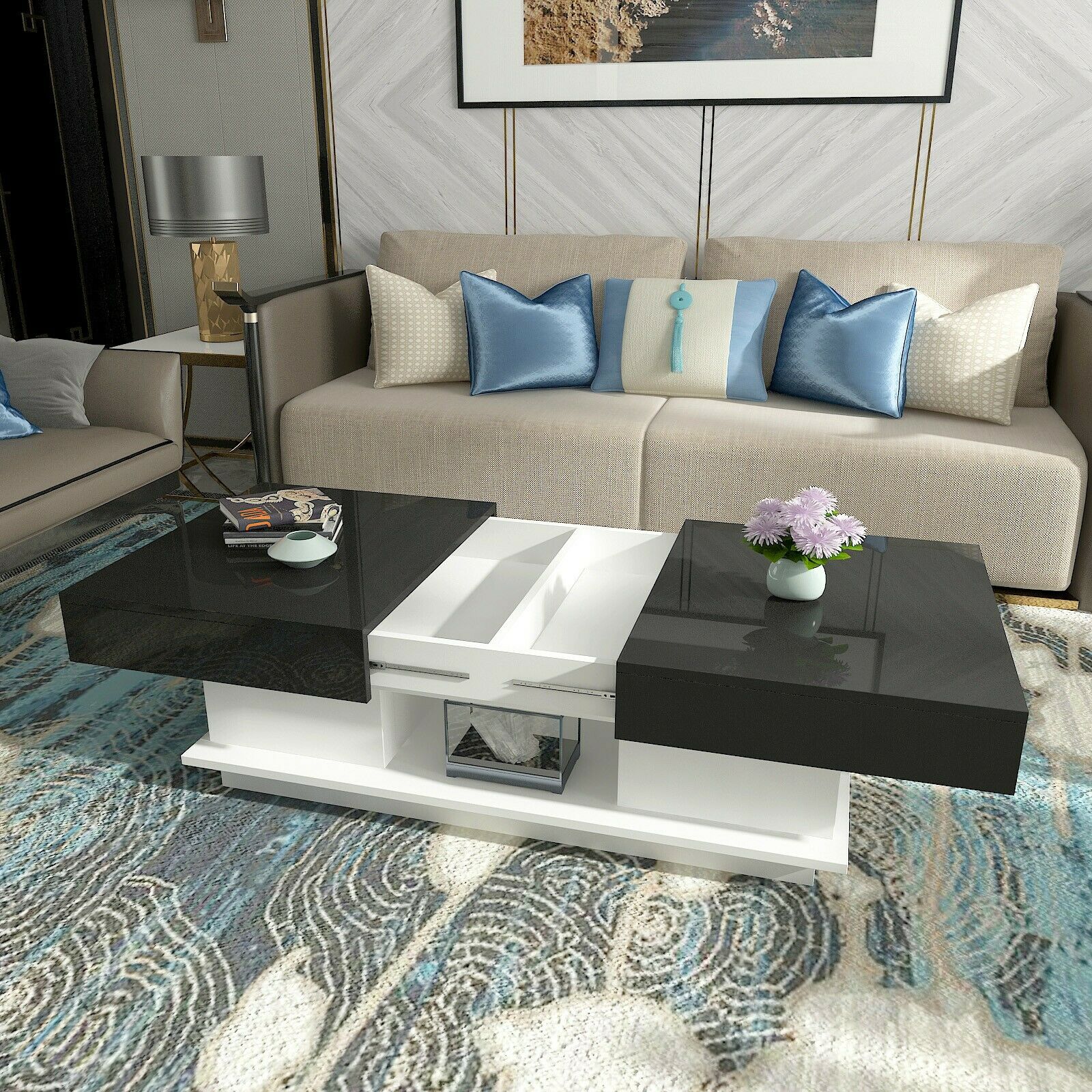 Modern High Gloss Coffee Tables End Side Table 2 Drawers Living Room White/Black