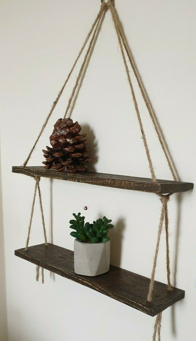Rustic Vintage Shelves Handmade Wooden Natural Wood Floating Hanging Rope Shelf