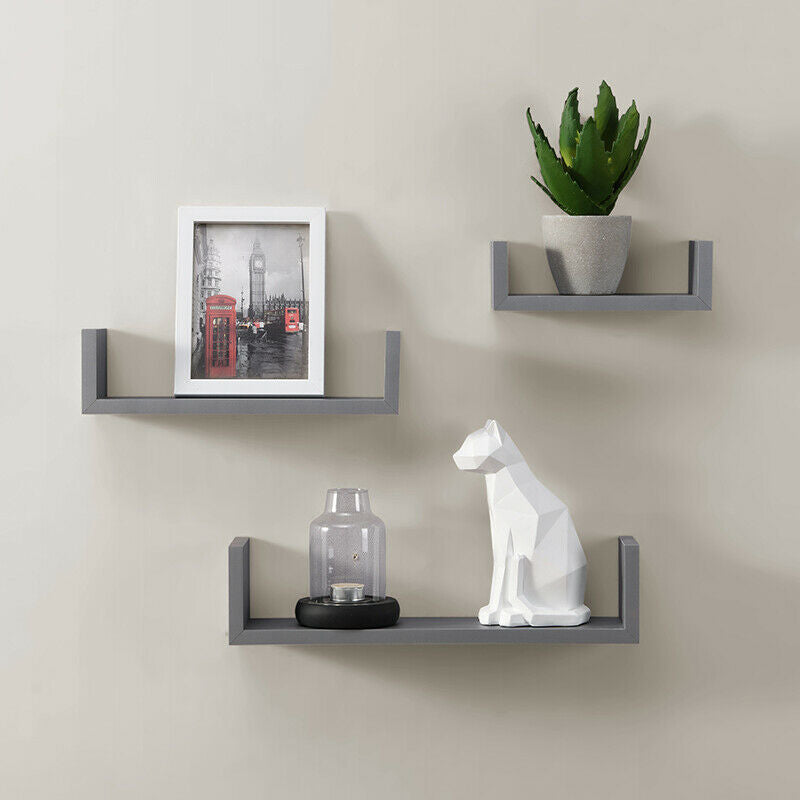 Set of 3 U Shape Floating Wall Shelf Storage Display White Black Oak Grey Blush