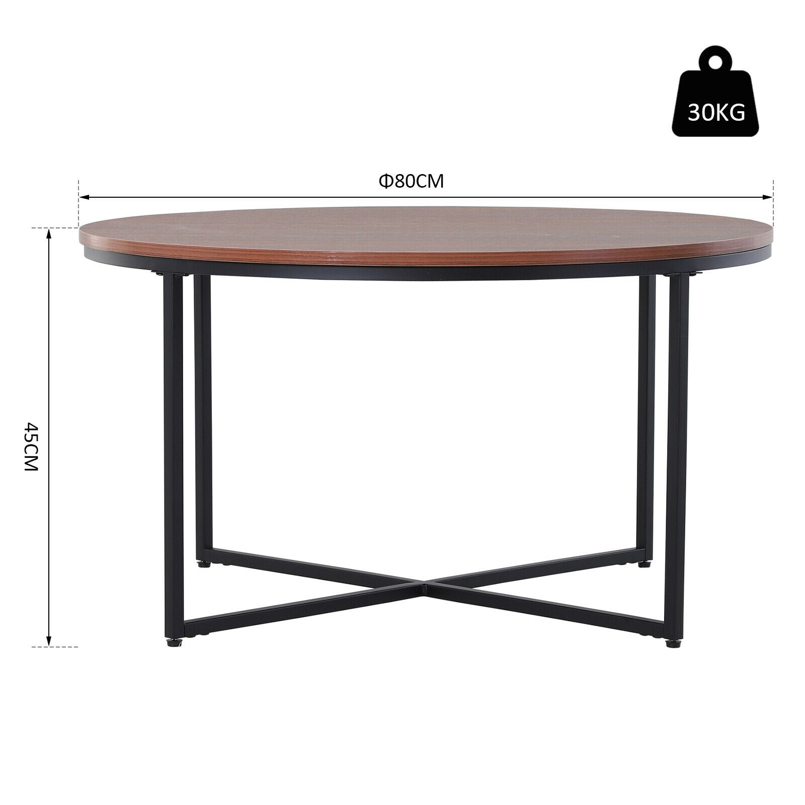 Modern Coffee Table Metal Frame Solid Tabletop Unique Cross Base - Brown