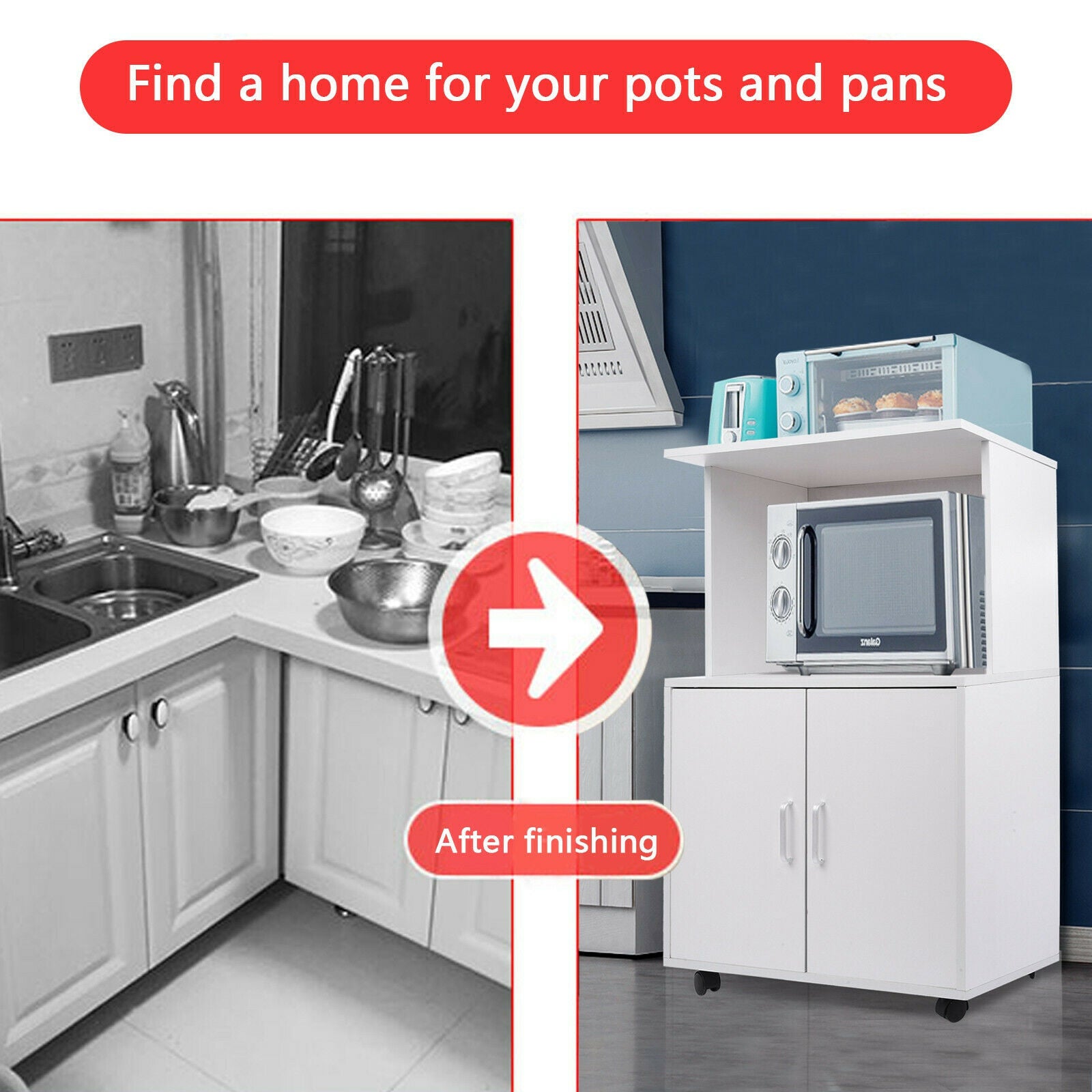 Rolling Kitchen Trolley Microwave Cart 2-Door Cabinet Shelves Gray White UK